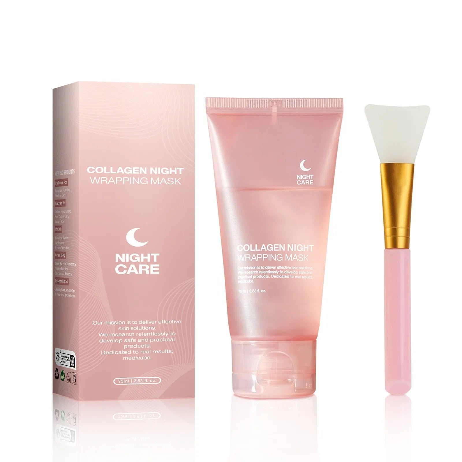 75ml bottle of collagen overnight face mask with application brush for firming and hydrating skin care