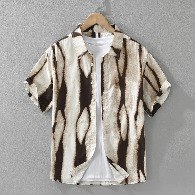 Men's black and brown striped short sleeve cotton shirt with loose cardigan-style fit