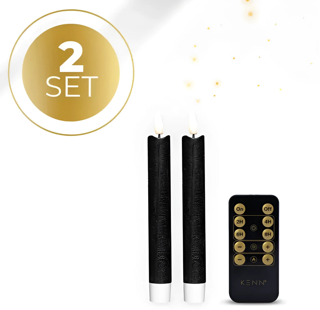 Black LED taper candle with realistic 3D flame effect, measuring 2.2cm wide by 18cm tall