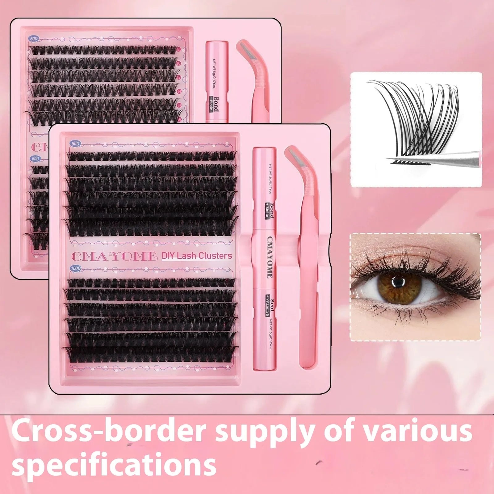 DIY single cluster false eyelashes set with artificial fibre construction and four specification options