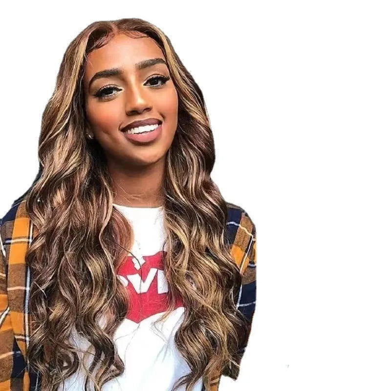 Front lace wig with African black gradient colour in a long, big wave style with side bangs.