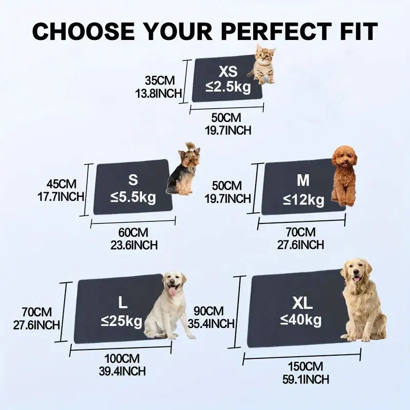 Two washable dog pee pads in grey and khaki on a floor, one with a small dog standing on it