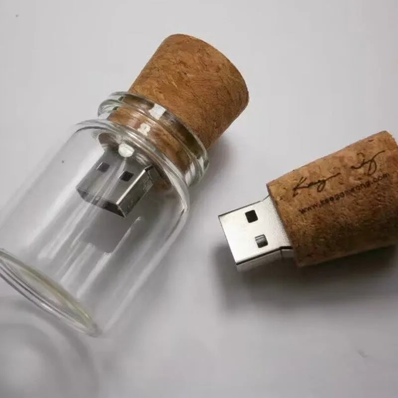 Wooden USB flash drive inside transparent bottle-shaped casing with visible wooden element