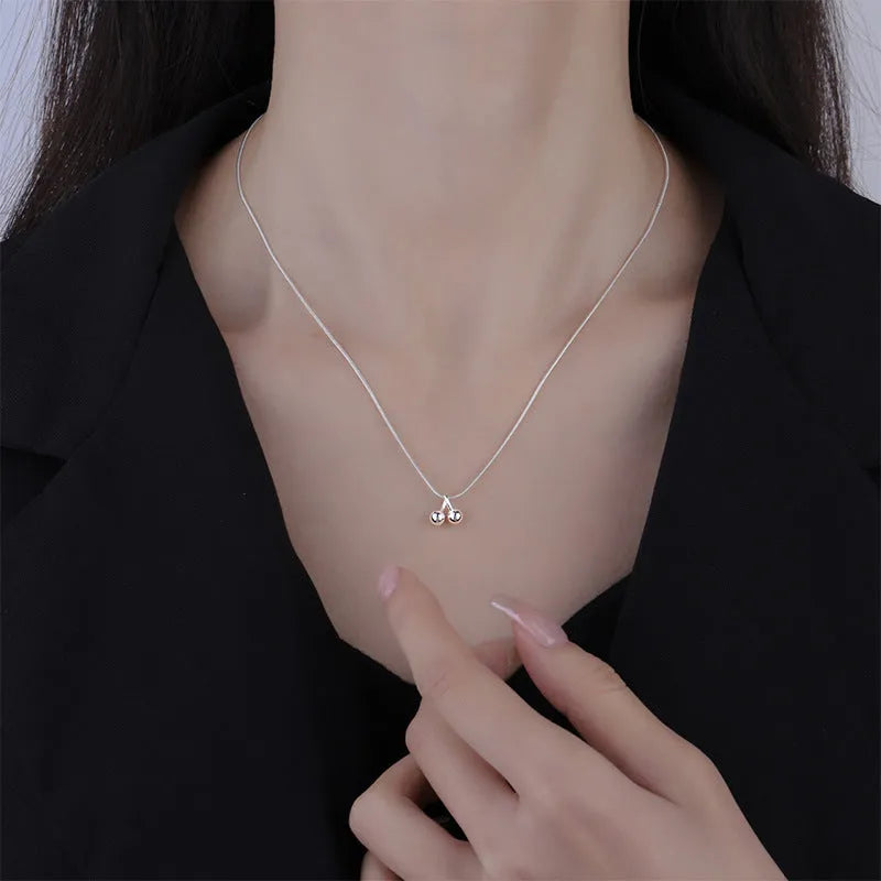 Silver cherry necklace with S925 pendant on adjustable snake bone chain for women