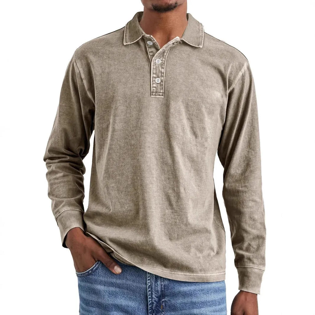 Men's retro washed distressed lapel polo shirt in pure cotton, shown in Army Green colour.