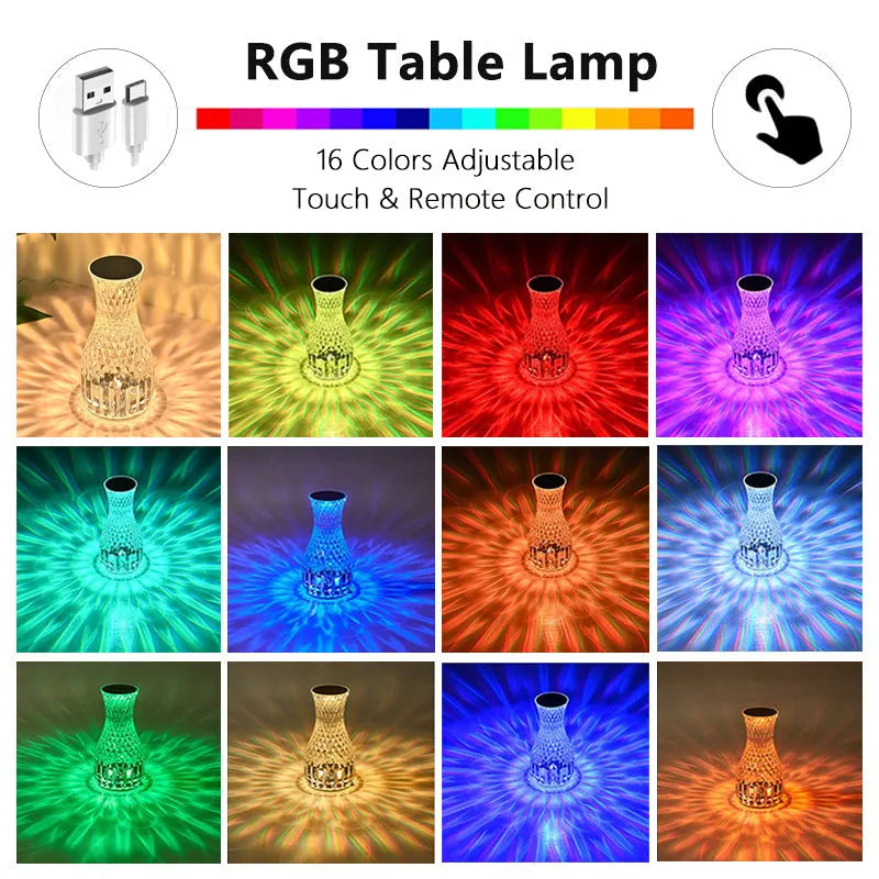 Vase shape crystal table lamp with diamond-like light effect on bedside table, touch dimmable USB rechargeable LED