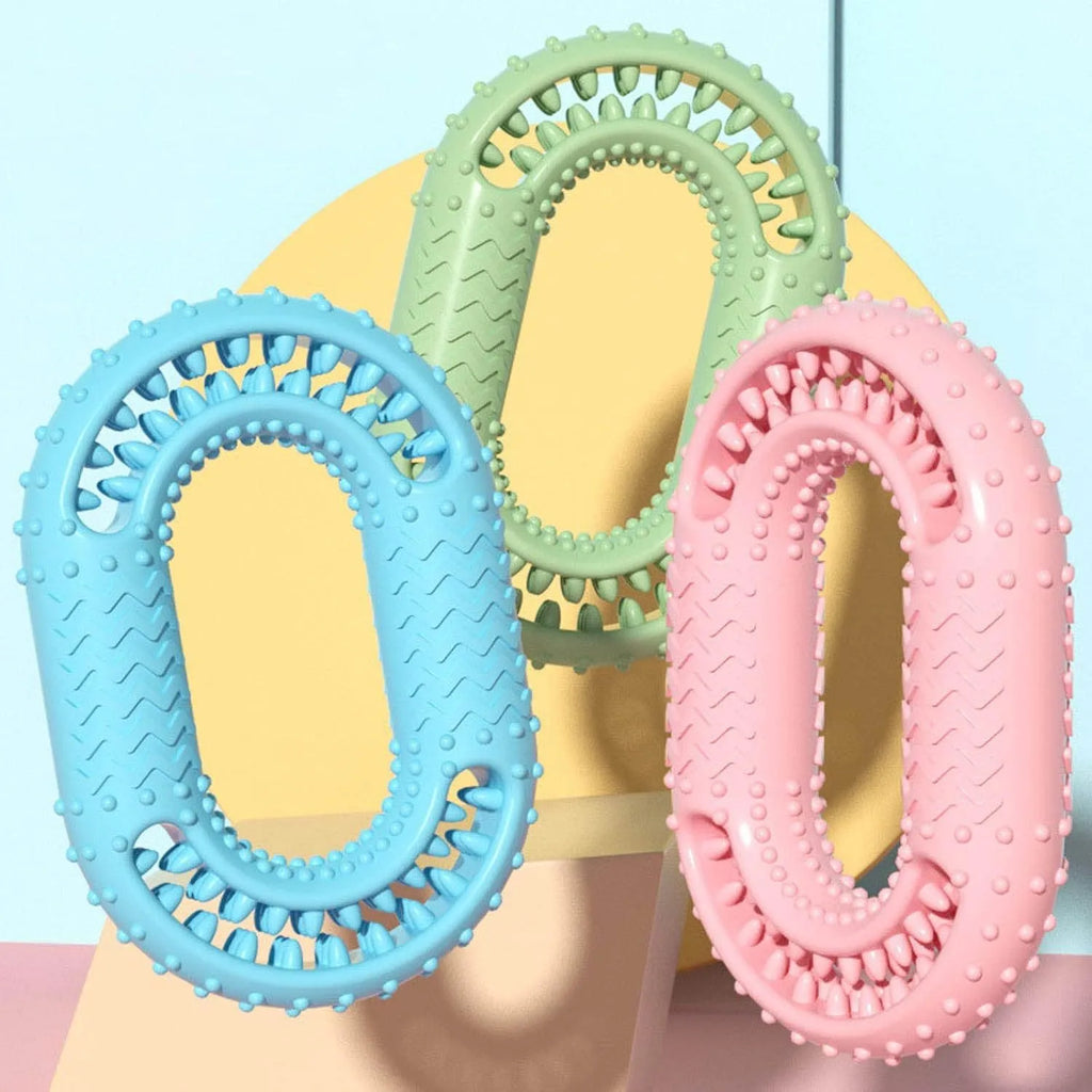Blue green pink O-ring dog chew toy for aggressive chewers, 12.5cm diameter heavy-duty dental toy