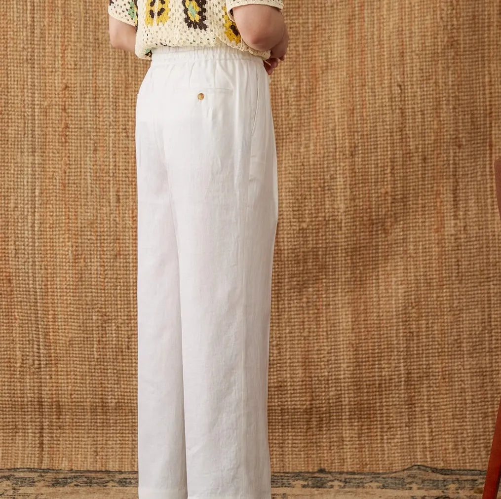 Women's linen trousers with elastic waist in straight-leg high-waist design, navy blue colour