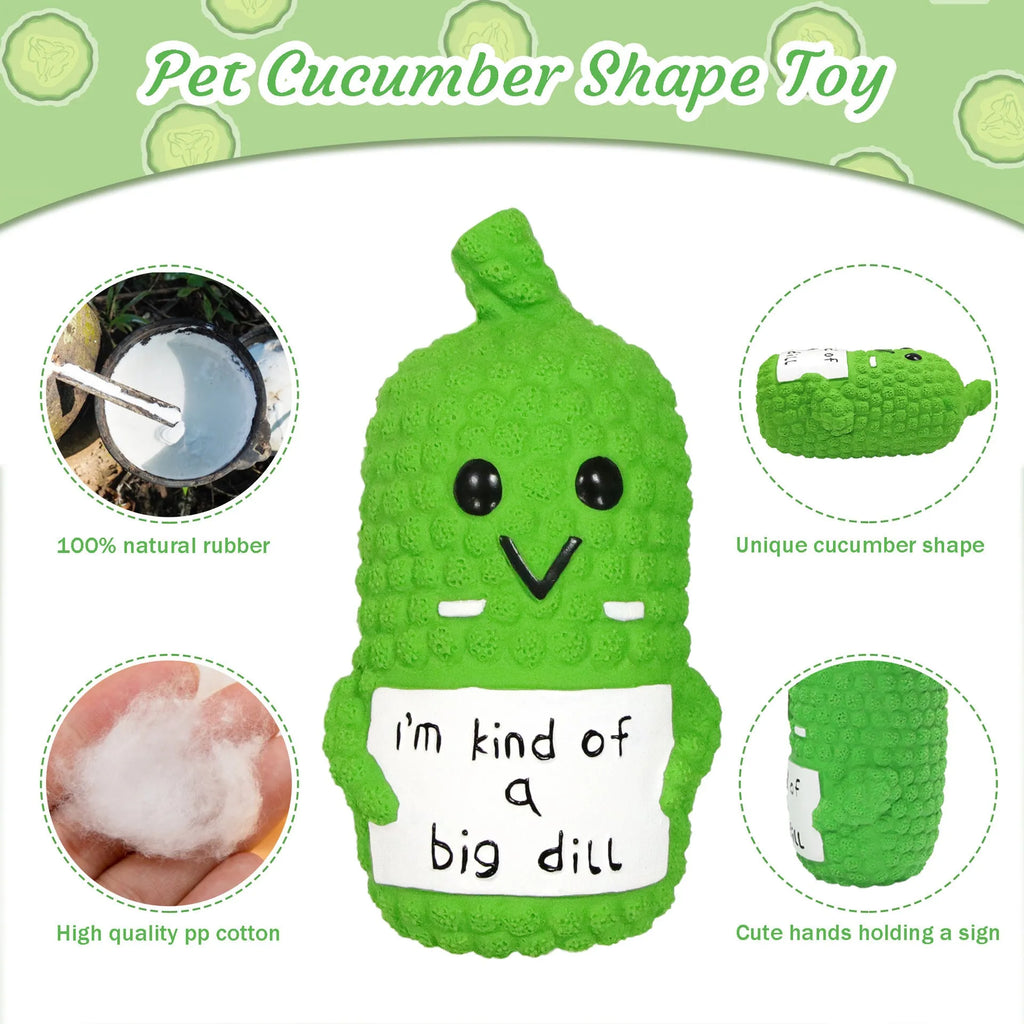 Bright green pickle-shaped latex dog chew toy with textured surface and squeaker inside