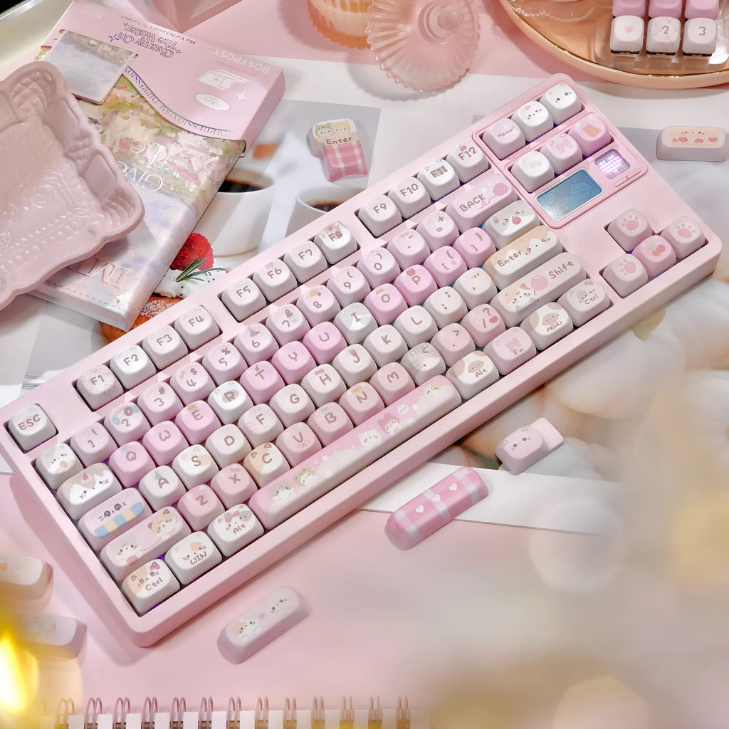 MOA mechanical keyboard keycaps with cartoon design and pink colour on five-sided sublimation printing