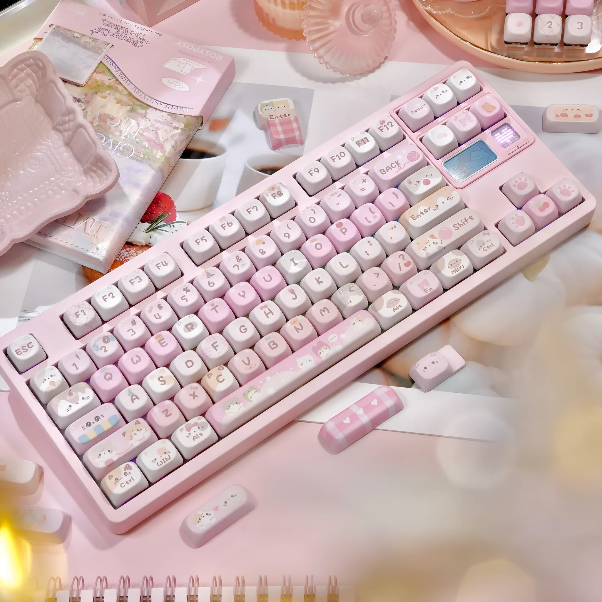 MOA mechanical keyboard keycaps with cartoon design and pink colour on five-sided sublimation printing