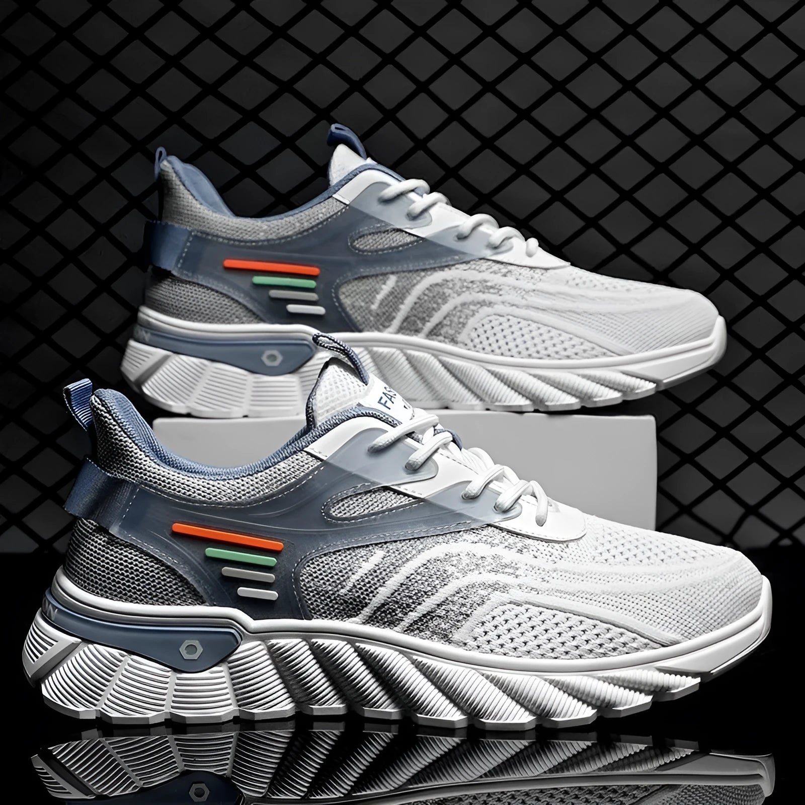 Men's white blue and black platform casual sports shoes with mesh upper and rubber sole