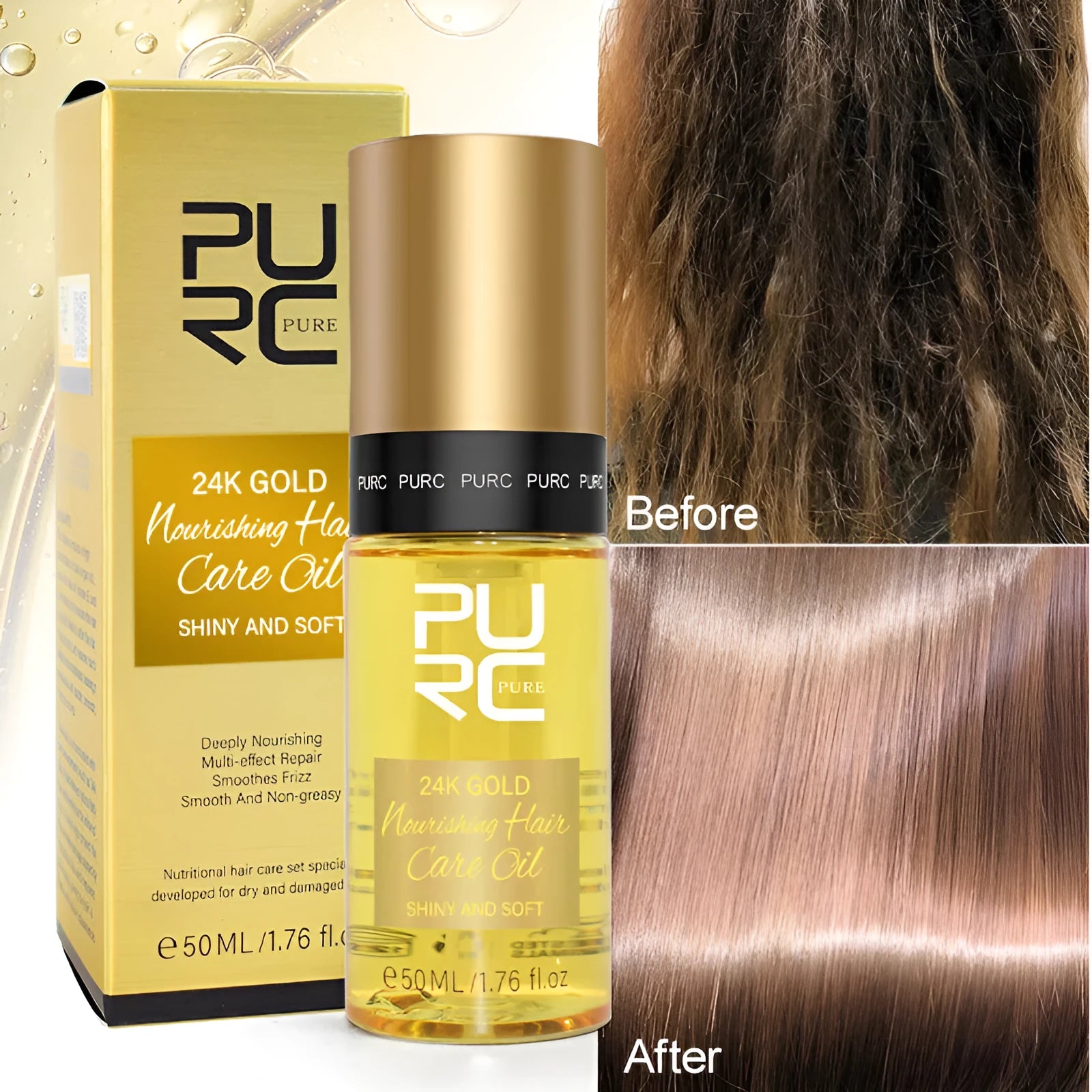 Yellow-tinted hair care essential oil in 50ml bottle for curly hair repair and scalp treatment