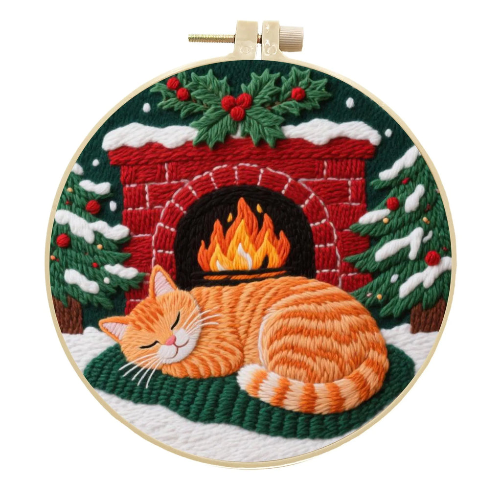 Cat embroidery DIY material kit with cotton linen fabric, 20cm bamboo hoop, and scissors on a table.