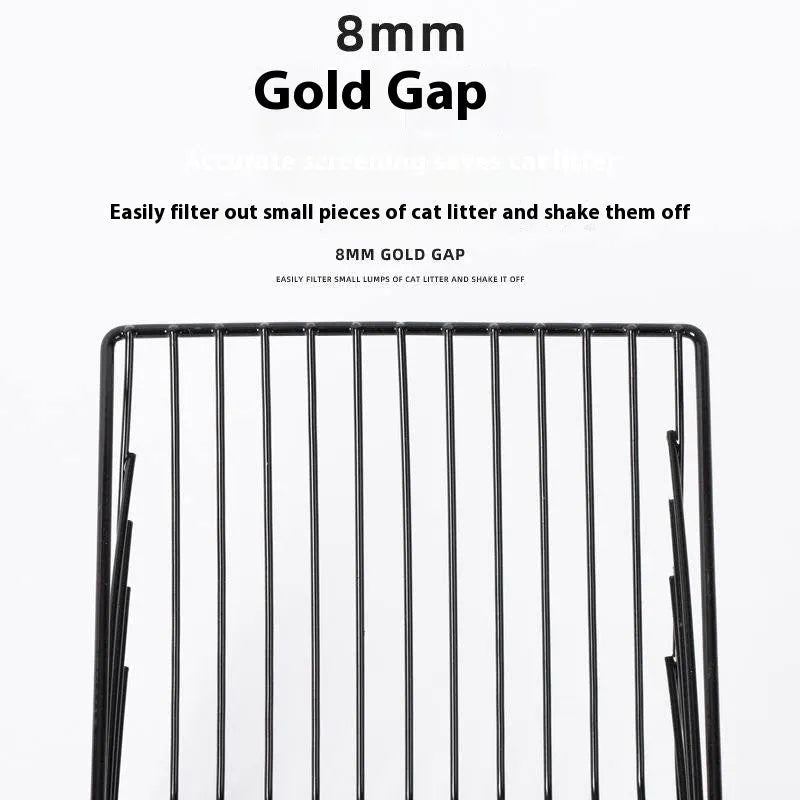 Black alloy metal cat litter scoop showing 0.8cm gap spacing between tines