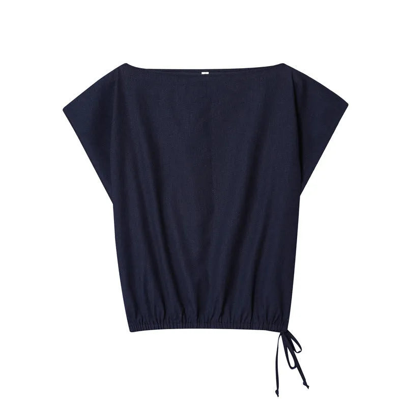 Women's linen blend two-piece set with off-neck top and wide-leg trousers in temperament commute style