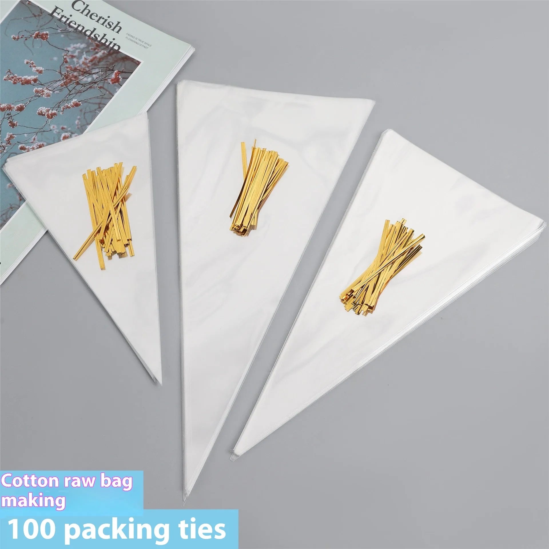 Transparent triangular OPP plastic bag with a silver tie wire closure