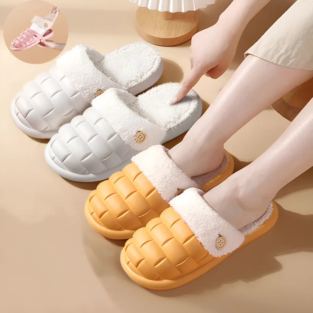 Plaid detachable EVA slippers for women with plush lining and a non-slip sole, shown in pink colour.