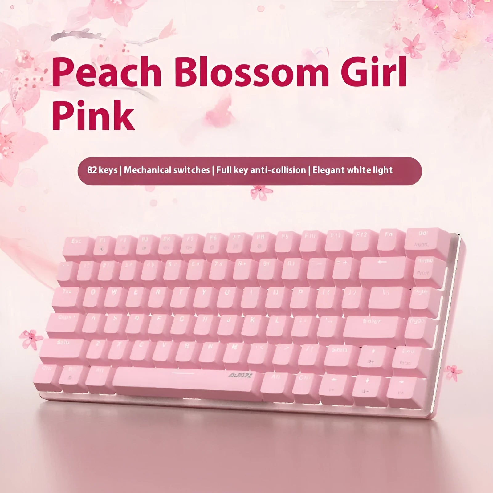 Pink 82-key mechanical keyboard with white backlight on a metal case.