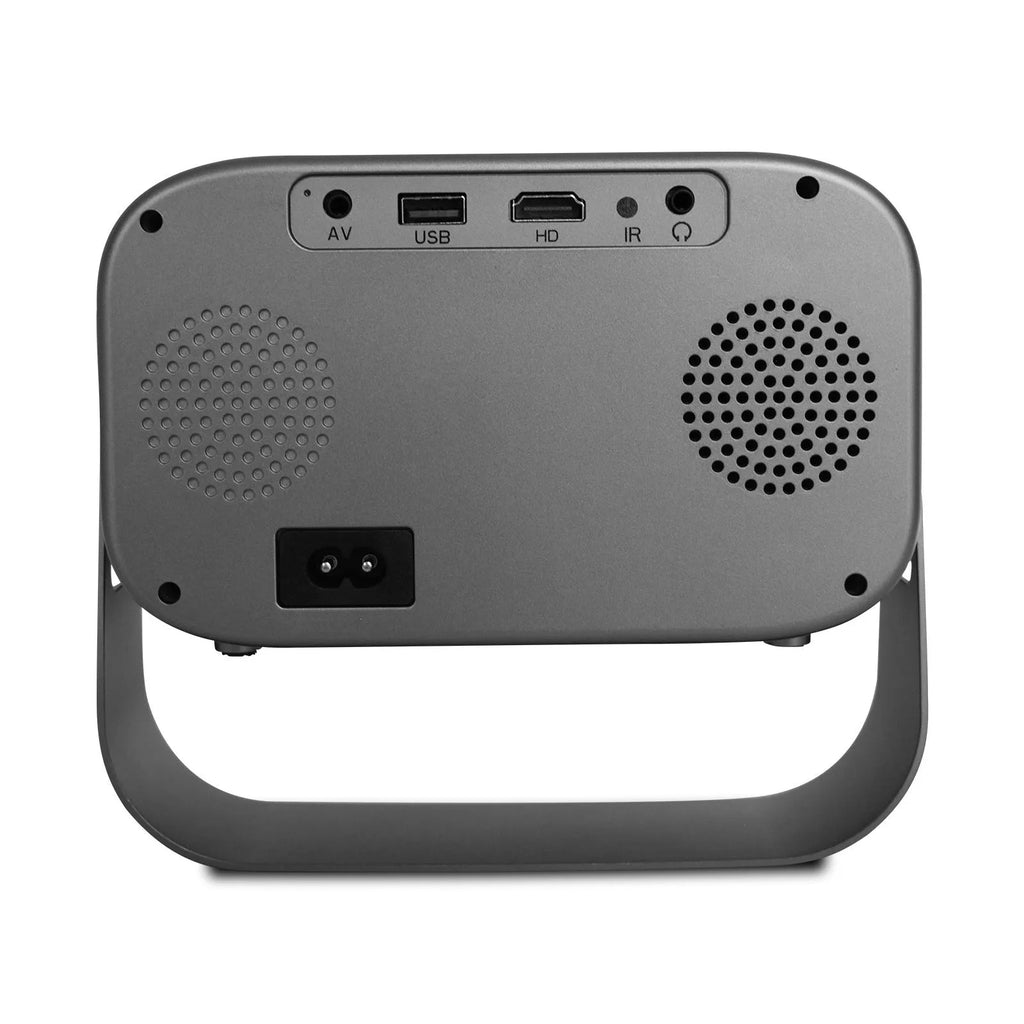 Black portable HD projector with Android system, remote control and multiple power cable adaptors