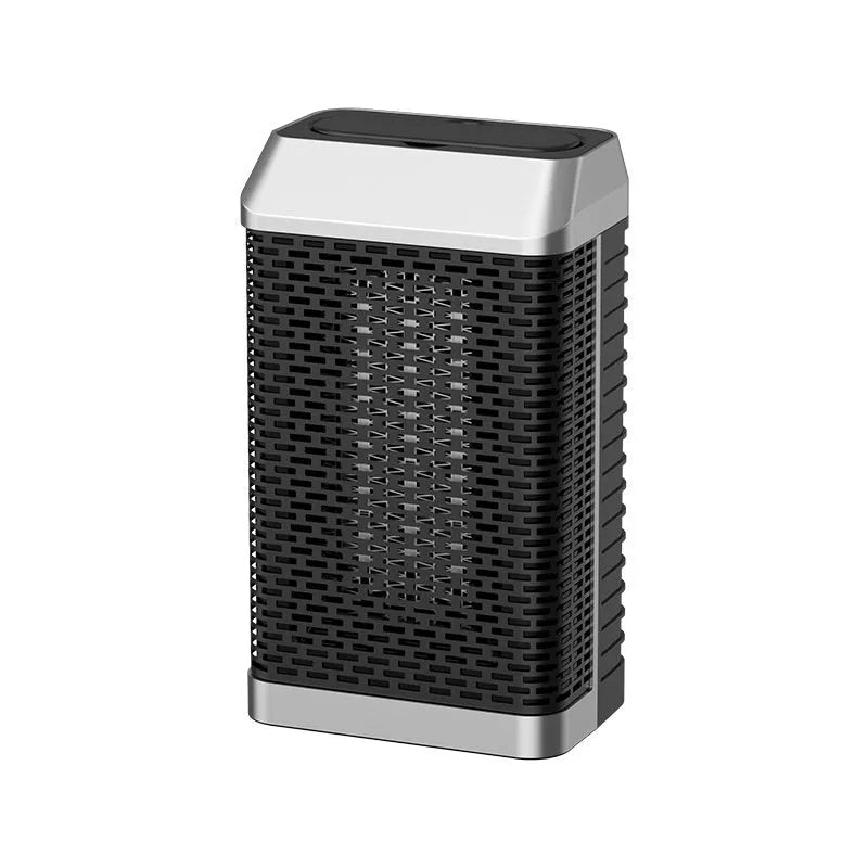 Black remote control smart desktop heater with shaking head mechanism on a desk