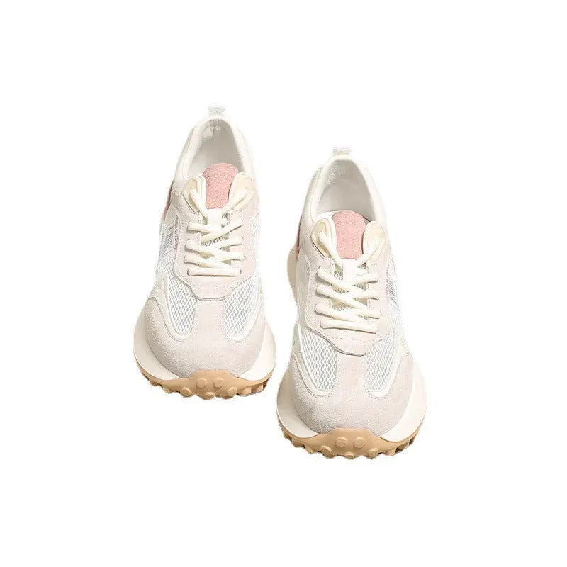 Women's grey and pink retro sneakers with low-top design and round toe