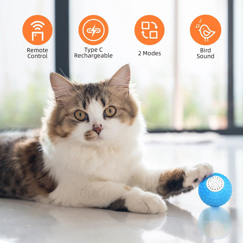 Blue remote control electronic cat toy ball rolling on a wooden floor.