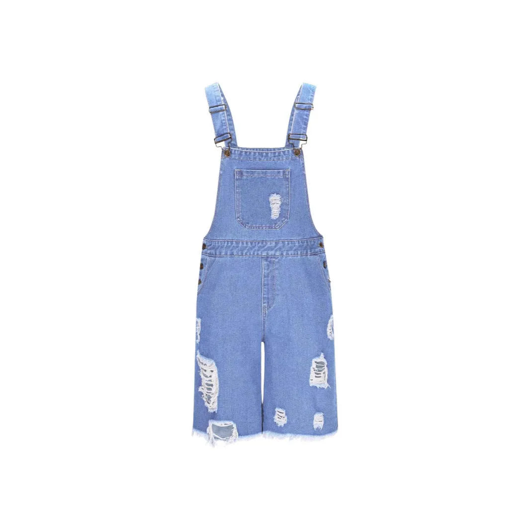 Ripped men's cotton denim suspender shorts in mid-waist straight-leg style, black colour option