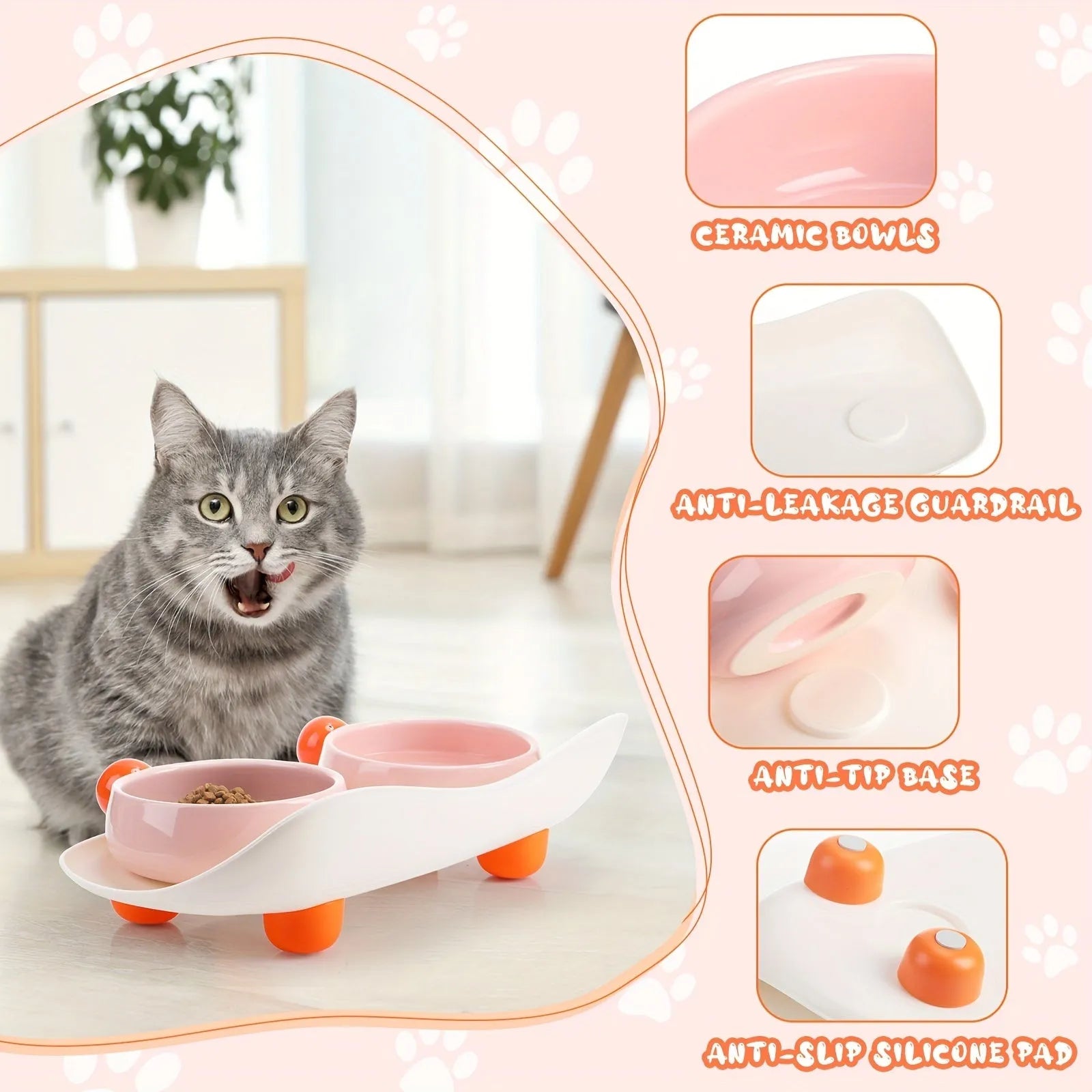 Ceramic raised pet feeder with two bowls in a pink yellow colour on a non-slip base.