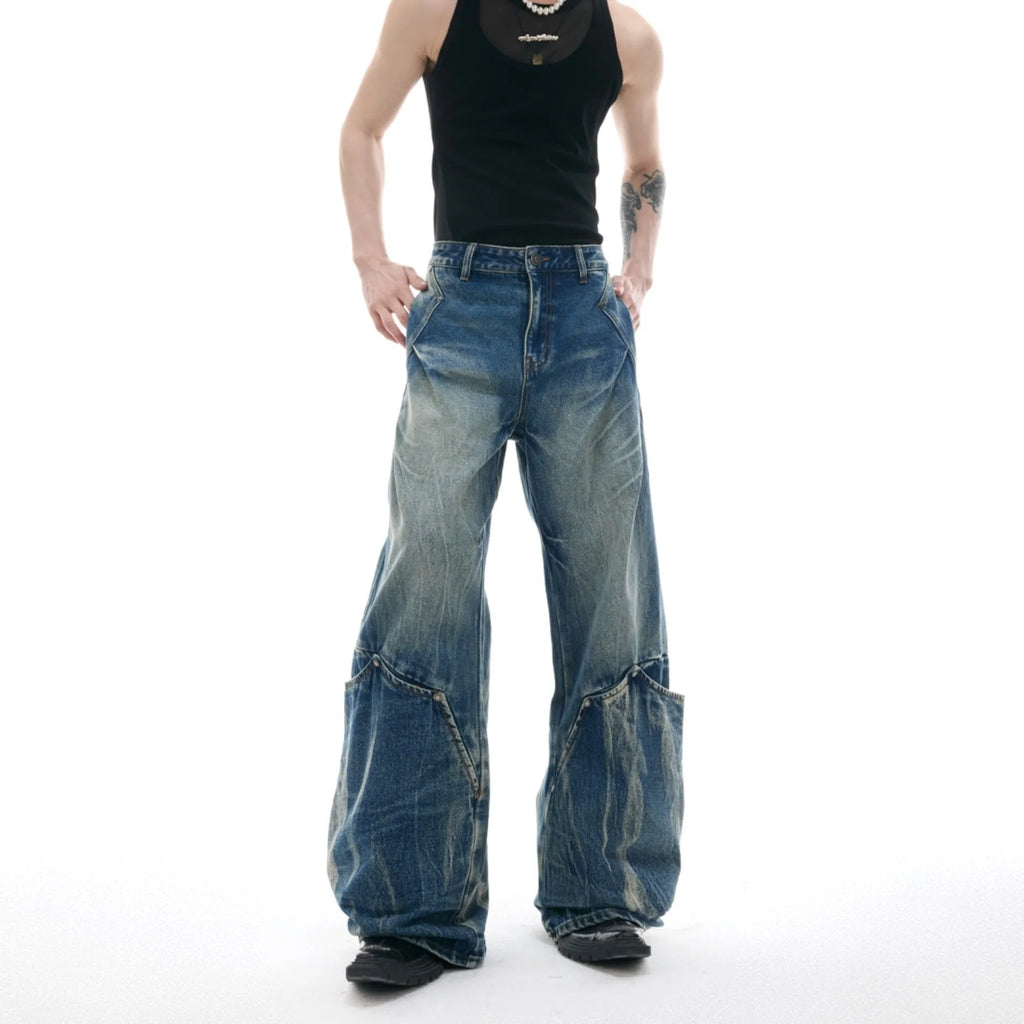 Men's verdant blue jeans with retro washed burst pattern and curved knife design, loose fit style