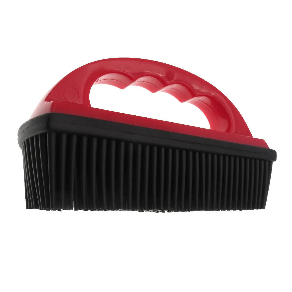 Red pet hair removal brush with silicone bristles measuring 160mm by 85mm