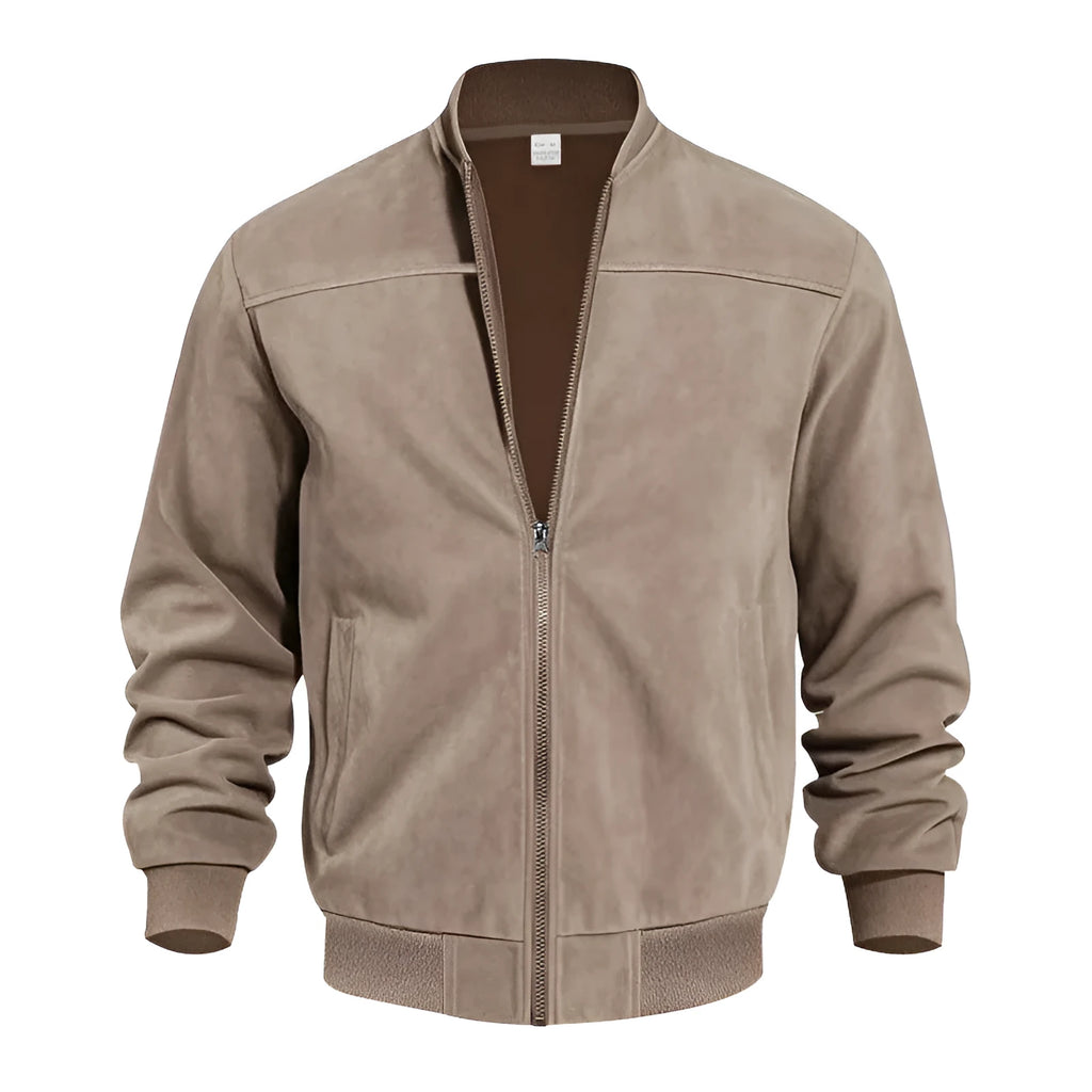 Men's plus size suede casual jacket in army green with a zip front and regular sleeves.