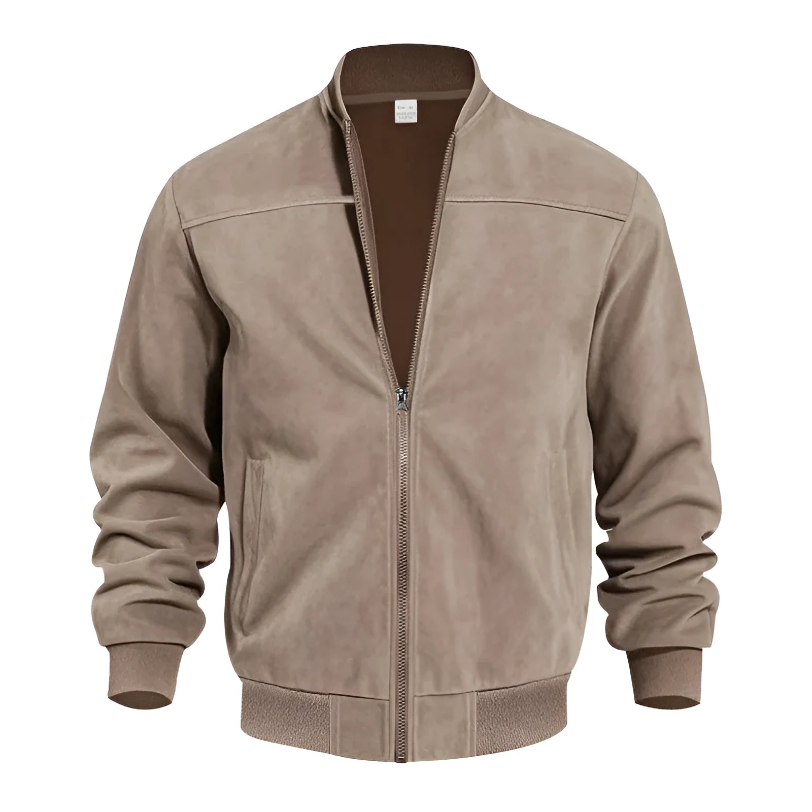 Men's plus size suede casual jacket in army green with a zip front and regular sleeves.