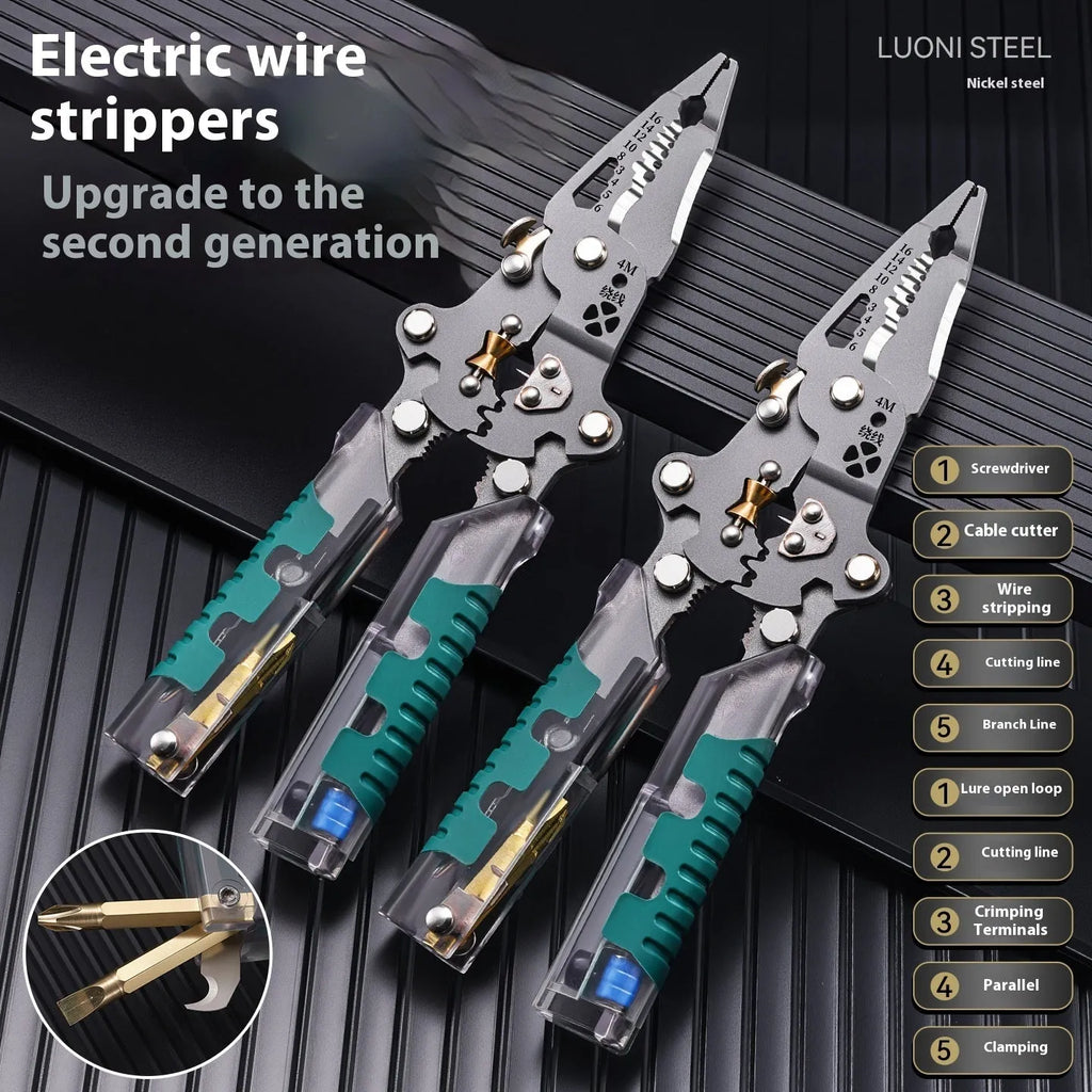 Thickened multi-functional electric pointed pliers with wire stripper, made from rust-resistant Luo Ni steel.