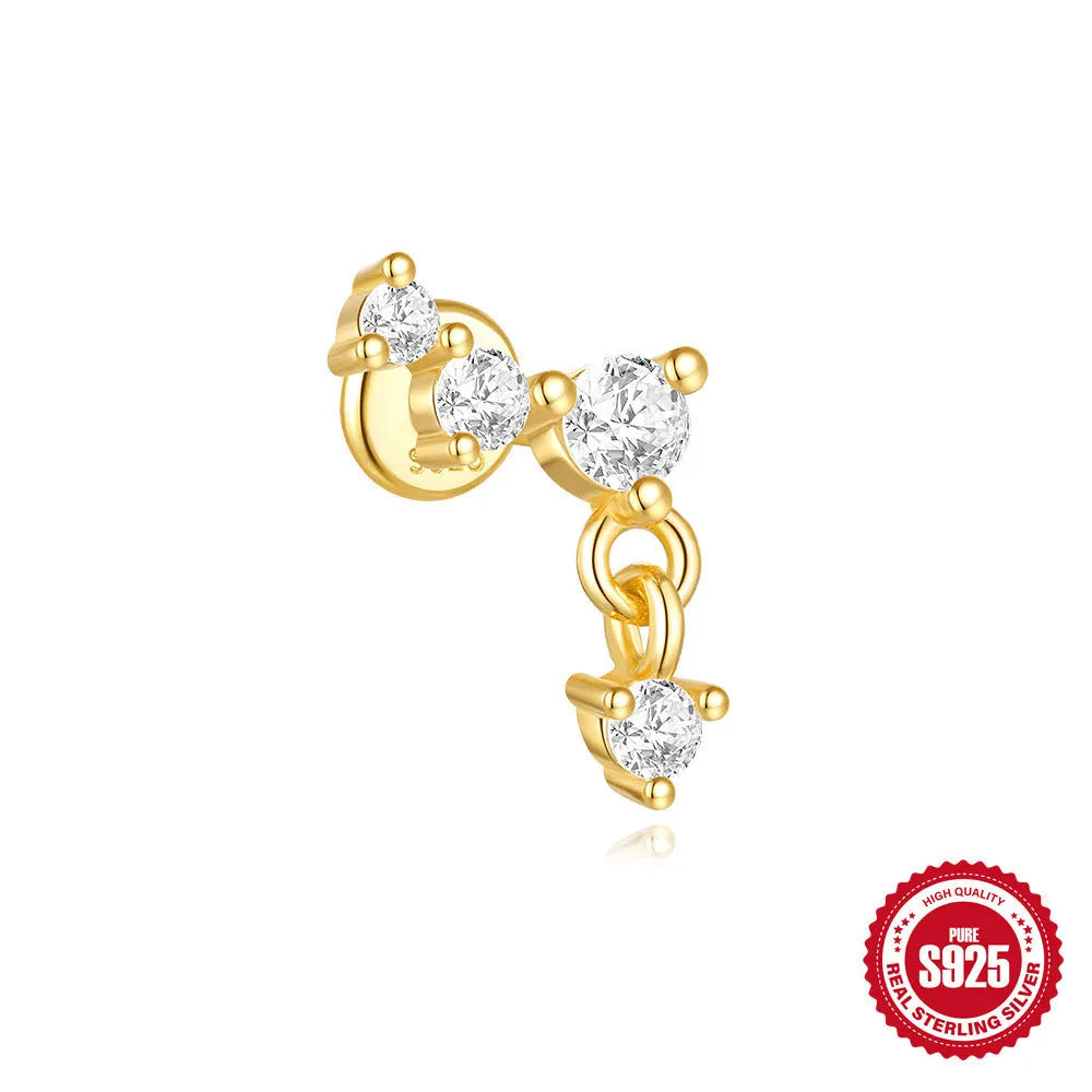 S925 sterling silver geometric stud earrings with moon shape and diamond-embedded star detail in a gold tone.