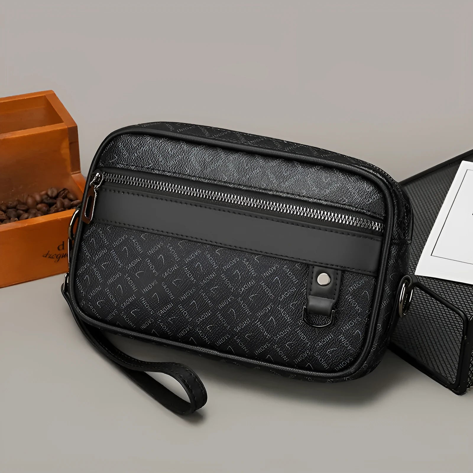 New Casual Shoulder Messenger Bag Men's Large Capacity Handheld Horizontal Geometric Pattern PU 2206 Black