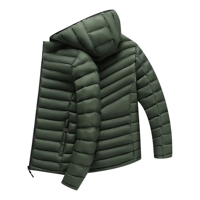 Men's lightweight down cotton-padded jacket in black with hood and zipper pockets, shown front view