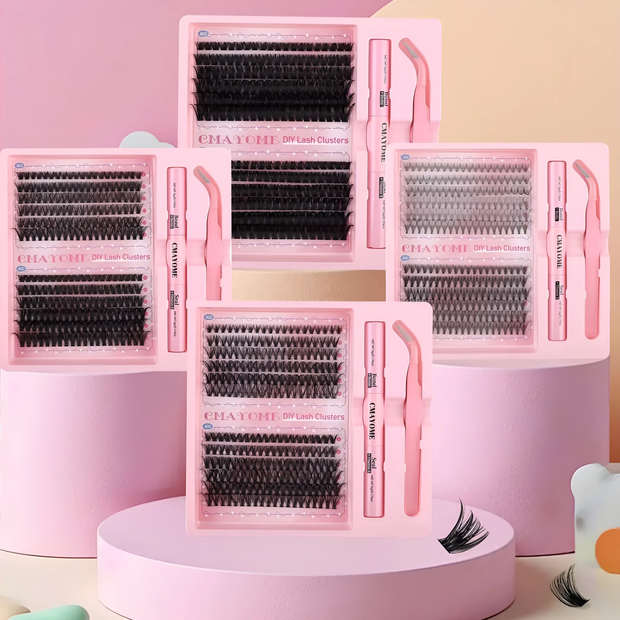 DIY single cluster false eyelashes set with artificial fibre construction and four specification options