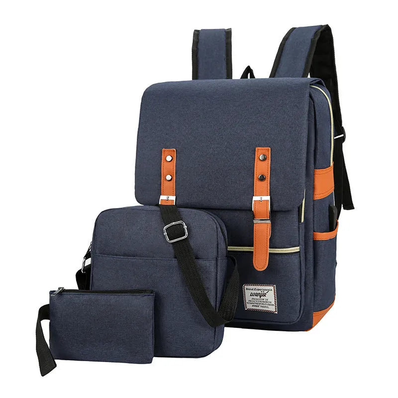 Three-piece business backpack set in Oxford cloth with computer compartment and curved shoulder straps