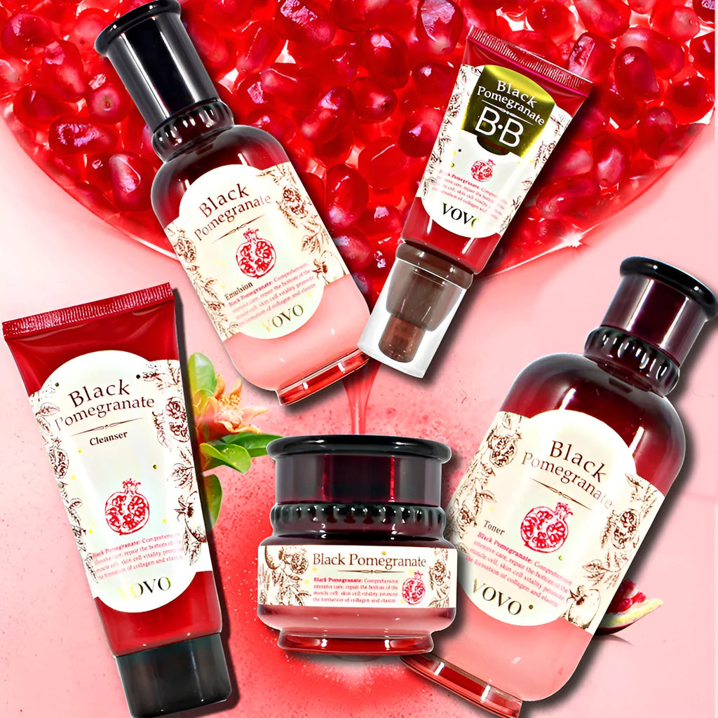 Pomegranate skin care set showing six products: water, milk, cream, essence, eye cream and cleanser