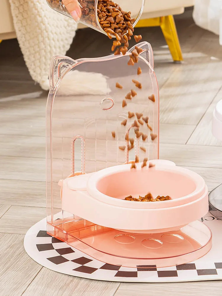 Grey cat ear anti-spill feeding bowl with adjustable height and removable hanging cage attachment