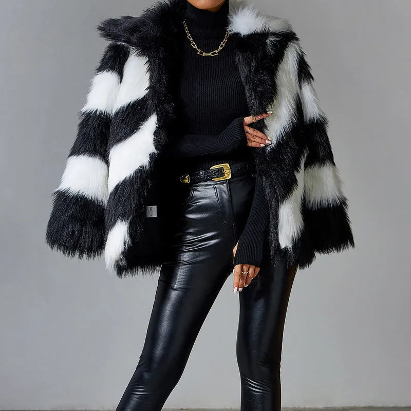 Faux fur coat with contrast lapels and fur collar in normal length