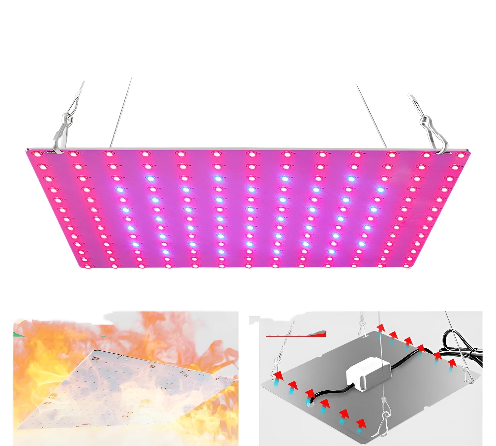 Aluminium LED plant growth light with hanging hook for fruits and vegetables.