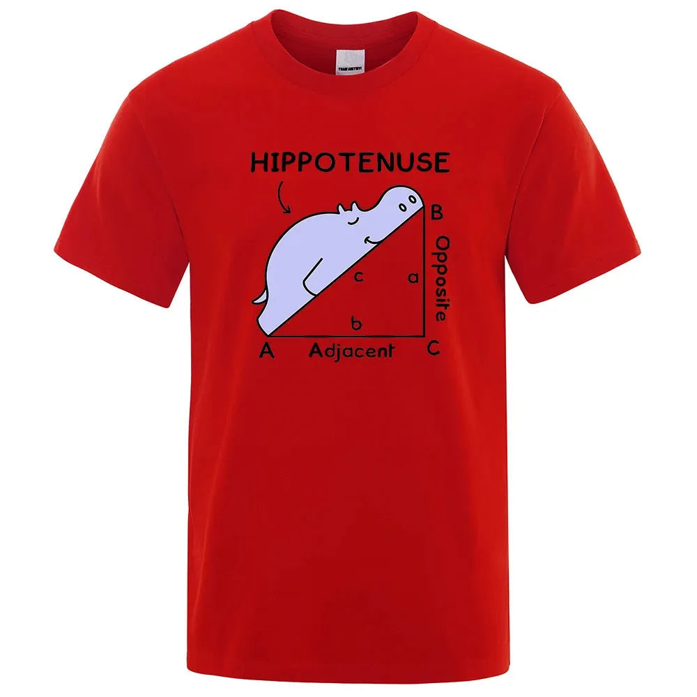 Humorous Hippotenuse Opposite Adjacent printed cotton T-shirt in loose fit, shown in multiple colour options.