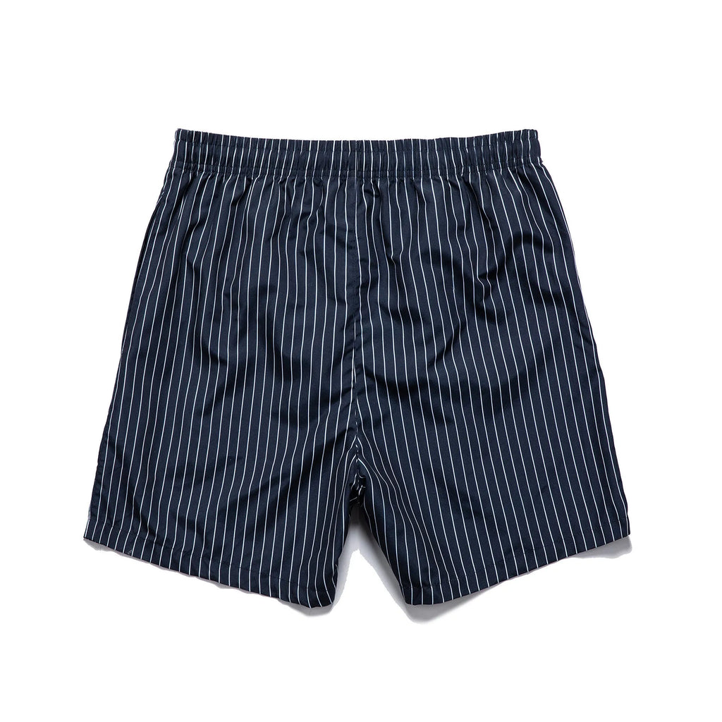 Polyester fibre beach shorts with straight leg and striped patterns in navy blue, grey, khaki or light blue