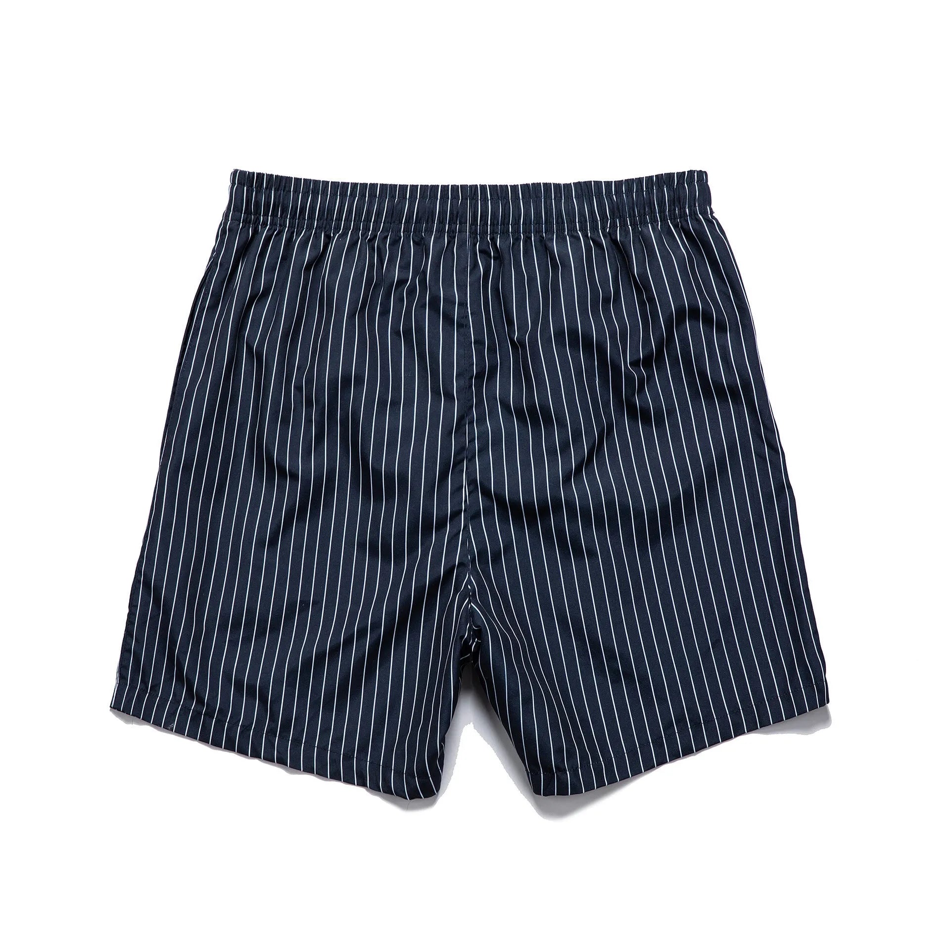 Polyester fibre beach shorts with straight leg and striped patterns in navy blue, grey, khaki or light blue