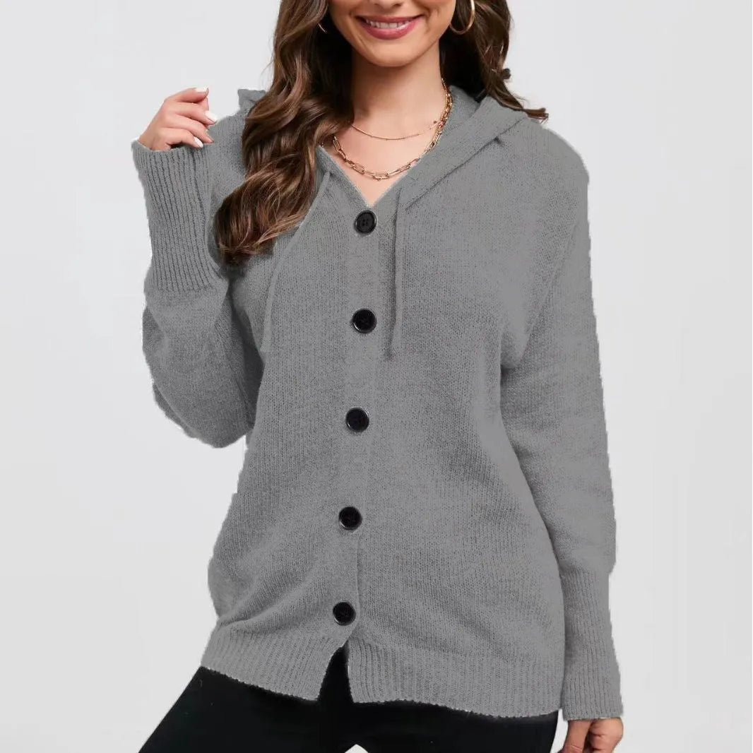 Women's thick cotton hooded cardigan in a loose fit, shown in a solid colour with a single-breasted front.