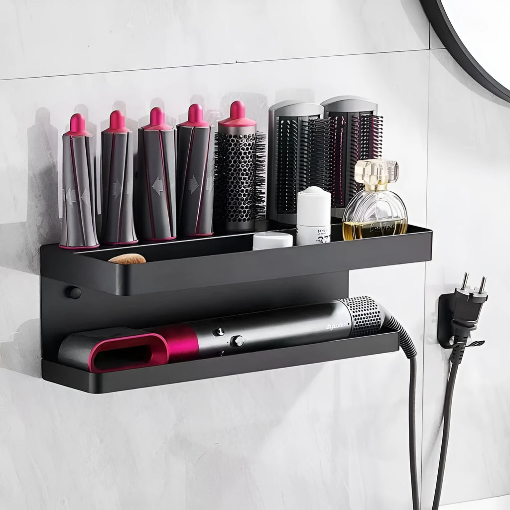 White punch-free bathroom rack holding Marcel wavers on double-layer aluminium storage