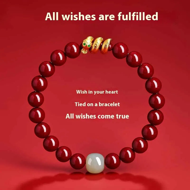 Handmade cinnabar snake zodiac bracelet with Chinese style design in 6mm or 8mm bead size