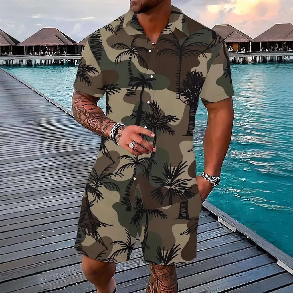 Men's Hawaiian print short sleeve suit set with matching trousers in polyester